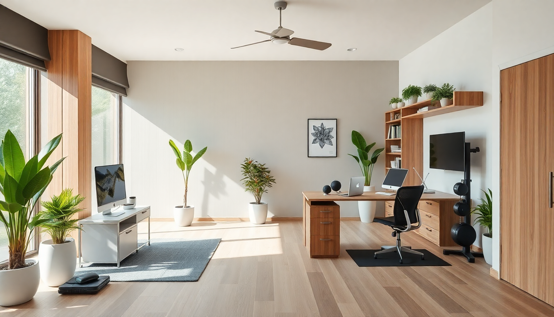 Innovative Biophilic and Smart Tech Fusion for a Wellness-Driven Home Office and Fitness Space