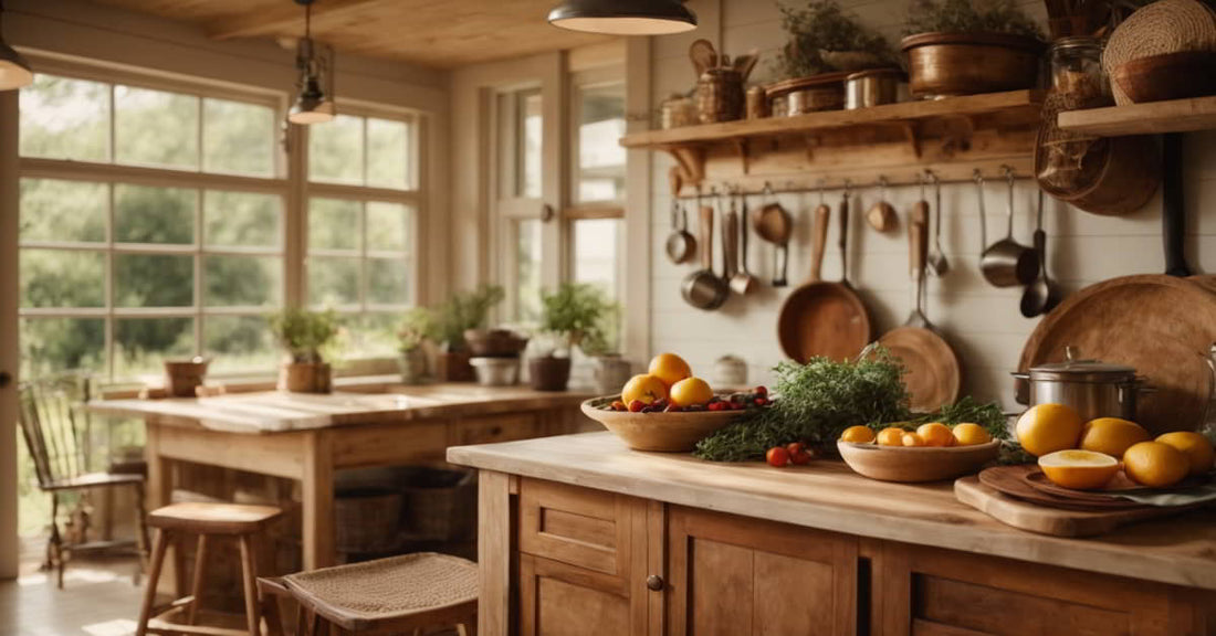 Rustic farmhouse kitchen with natural wood cabinets, open shelving and warm cozy decor accents