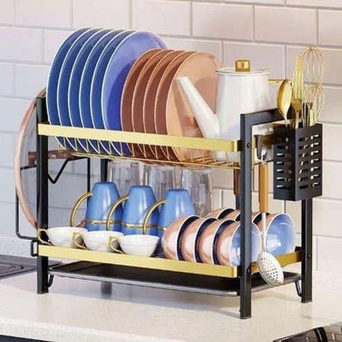 2 Tier Gold Metal Dish Drainer, Dish Rack with Drainer, Kitchen Tableware Organizer for Sink. kitchen counter organizer. Kitchen Tools & Utensils: Dish Racks & Drain Boards.