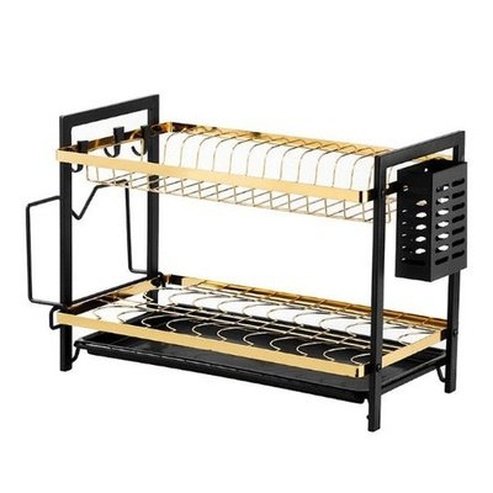 2 Tier Gold Metal Dish Drainer, Dish Rack with Drainer, Kitchen Tableware Organizer for Sink. kitchen counter organizer. Kitchen Tools & Utensils: Dish Racks & Drain Boards.