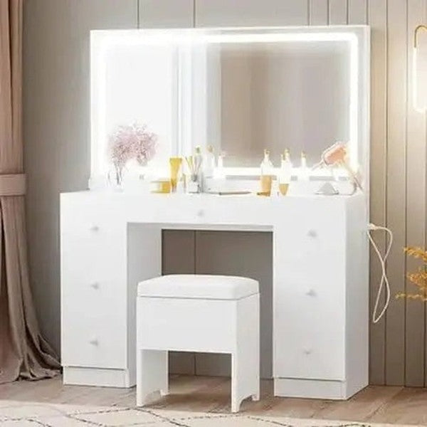 7-Drawer Vanity Desk Set with LED-Lighted Mirror