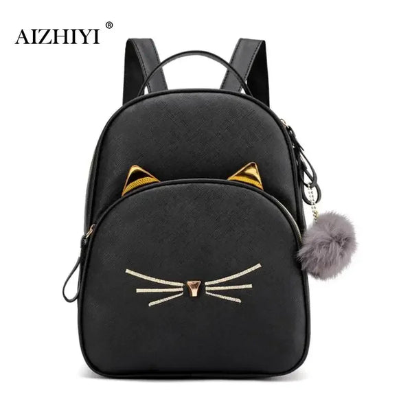 Cartoon Cat PU Leather Satchel, Black Shoulder Bag, Cute Backpack for School and Travel