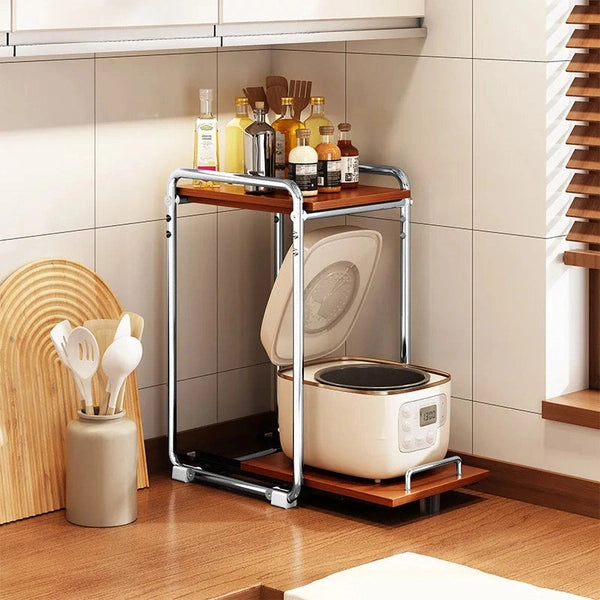 Double-Layer Microwave Oven Rack with Pull-Out Rice Cooker Bracket