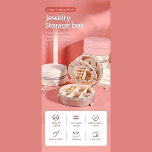 Double Layer PU Leather Portable Mirrored Jewelry Box Small Portable Pin Storage Container Travel Makeup Round Organizer Case. Household Storage Containers.
