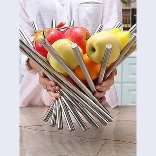 stainless steel folding rotating fruit bowl. this stainless steel fruit rack offers an attractive, space-saving storage solution for your home. type: decorative trays