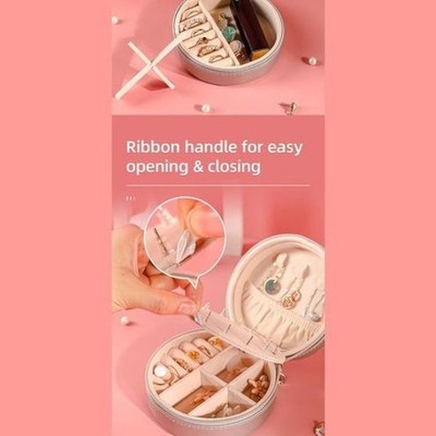 Double Layer PU Leather Portable Mirrored Jewelry Box Small Portable Pin Storage Container Travel Makeup Round Organizer Case. Household Storage Containers.