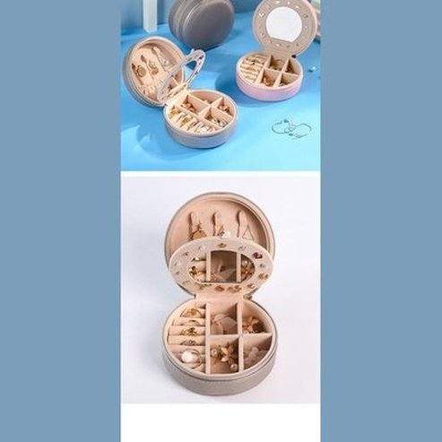 Double Layer PU Leather Portable Mirrored Jewelry Box Small Portable Pin Storage Container Travel Makeup Round Organizer Case. Household Storage Containers.