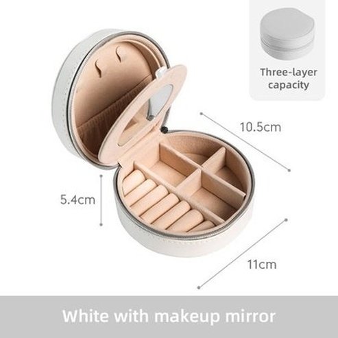 Double Layer PU Leather Portable Mirrored Jewelry Box Small Portable Pin Storage Container Travel Makeup Round Organizer Case. Household Storage Containers.