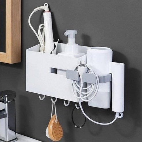 Bathroom Wall Mount Retractable Hair Dryer Punch-Free Wall Mounted Drain Storage Holder Multifunctional Hair Curler Hanger. Type: Bathroom Accessory Mounts