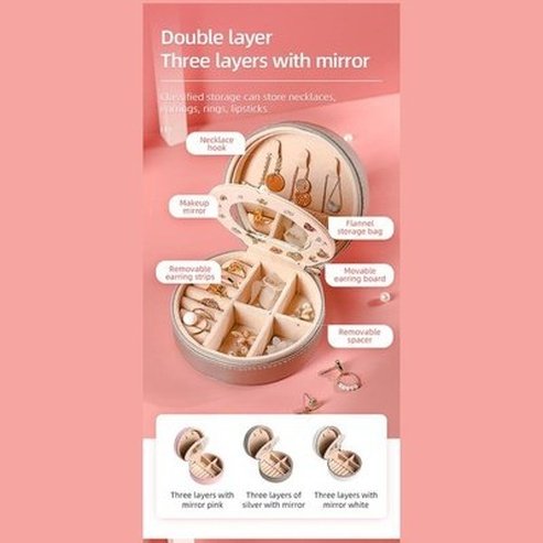 Double Layer PU Leather Portable Mirrored Jewelry Box Small Portable Pin Storage Container Travel Makeup Round Organizer Case. Household Storage Containers.