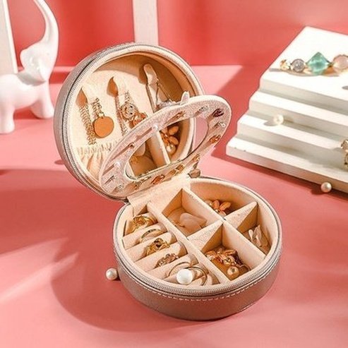 Double Layer PU Leather Portable Mirrored Jewelry Box Small Portable Pin Storage Container Travel Makeup Round Organizer Case. Household Storage Containers.