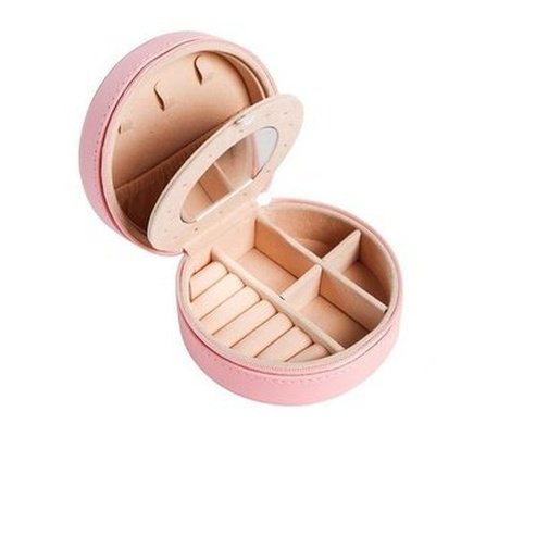 Double Layer PU Leather Portable Mirrored Jewelry Box Small Portable Pin Storage Container Travel Makeup Round Organizer Case. Household Storage Containers.