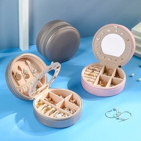 Double Layer PU Leather Portable Mirrored Jewelry Box Small Portable Pin Storage Container Travel Makeup Round Organizer Case. Household Storage Containers.