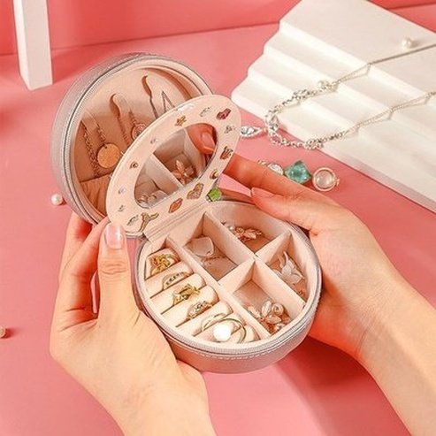 Double Layer PU Leather Portable Mirrored Jewelry Box Small Portable Pin Storage Container Travel Makeup Round Organizer Case. Household Storage Containers.