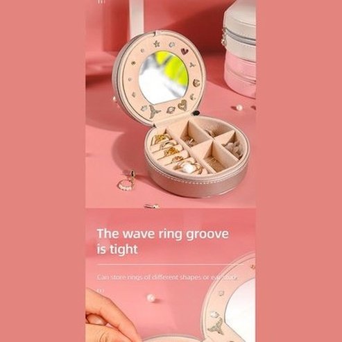 Double Layer PU Leather Portable Mirrored Jewelry Box Small Portable Pin Storage Container Travel Makeup Round Organizer Case. Household Storage Containers.