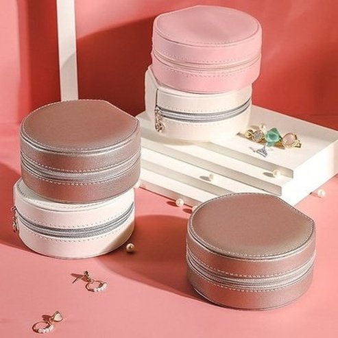 Double Layer PU Leather Portable Mirrored Jewelry Box Small Portable Pin Storage Container Travel Makeup Round Organizer Case. Household Storage Containers.