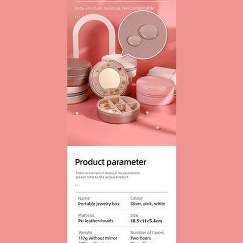 Double Layer PU Leather Portable Mirrored Jewelry Box Small Portable Pin Storage Container Travel Makeup Round Organizer Case. Household Storage Containers.