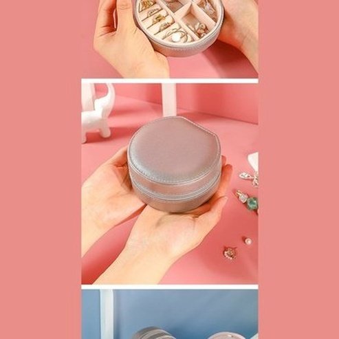 Double Layer PU Leather Portable Mirrored Jewelry Box Small Portable Pin Storage Container Travel Makeup Round Organizer Case. Household Storage Containers.