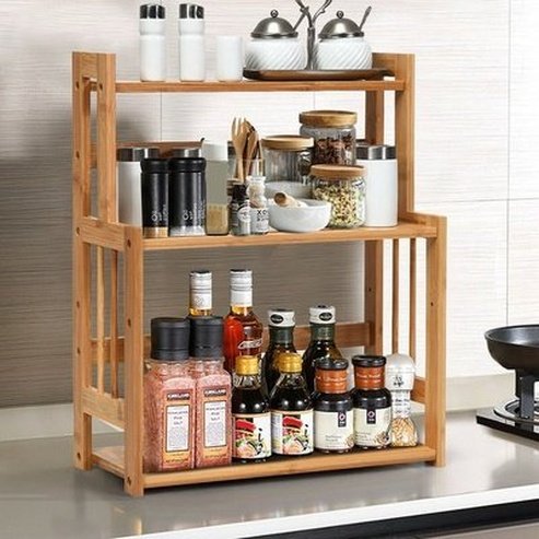Adjustable Shelf 3 Tier Bamboo Spice Organizer Rack Sturdy Adjustable Shelf. 100% Natural bamboo material. Kitchen Organizers. Type: Spice Organizers.