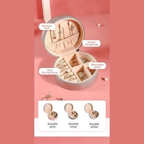 Double Layer PU Leather Portable Mirrored Jewelry Box Small Portable Pin Storage Container Travel Makeup Round Organizer Case. Household Storage Containers.