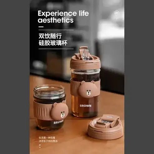 LINE FRIENDS Kawaii Anime Brown Glass Straw Cup