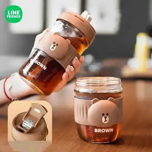 LINE FRIENDS Kawaii Anime Brown Glass Straw Cup