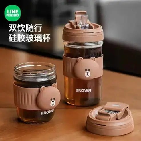 LINE FRIENDS Kawaii Anime Brown Glass Straw Cup