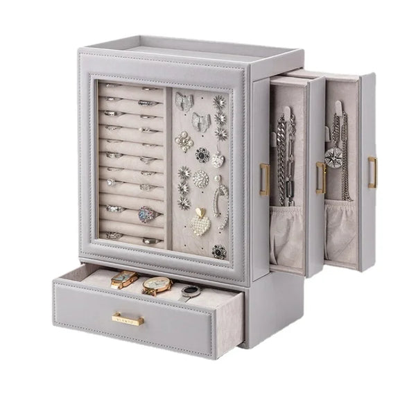 Luxury Leather Jewelry Organizer Storage Box with Drawers