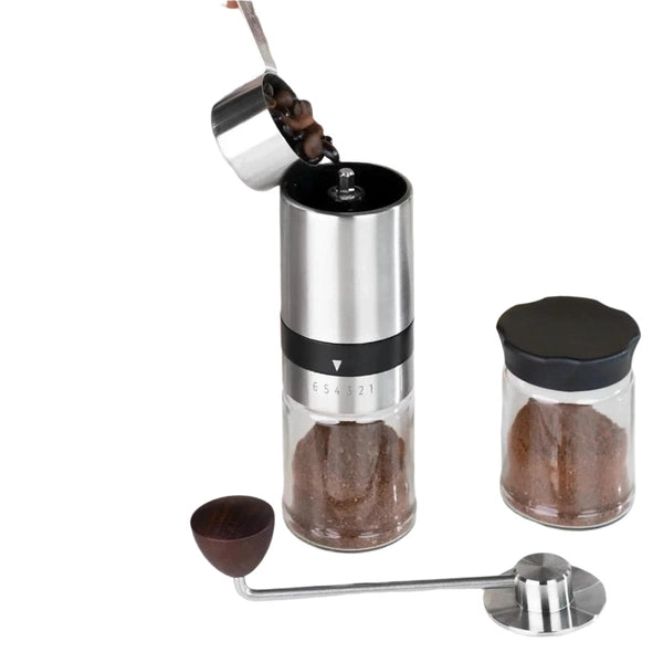 Manual Coffee Grinder - 6 Grinding Levels - Stainless Steel and Glass Coffee Grinder