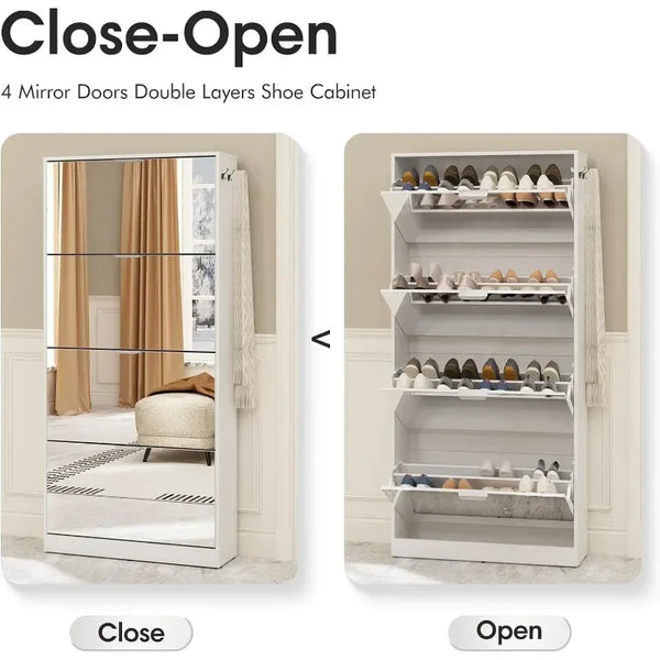 Mirror Shoe Cabinet with 4 Flip Drawers, Wooden Shoe Organizer with 4 Tiers for Small Spaces
