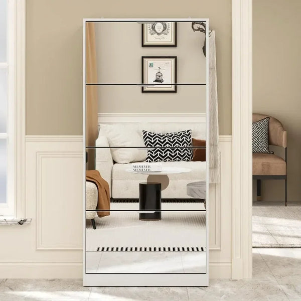 Mirror Shoe Cabinet with 4 Flip Drawers, Wooden Shoe Organizer with 4 Tiers for Small Spaces
