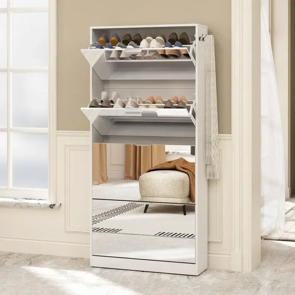 Mirror Shoe Cabinet with 4 Flip Drawers, Wooden Shoe Organizer with 4 Tiers for Small Spaces