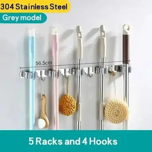 Mop Broom Holder Wall Mount with 5 Racks and 4 Hooks