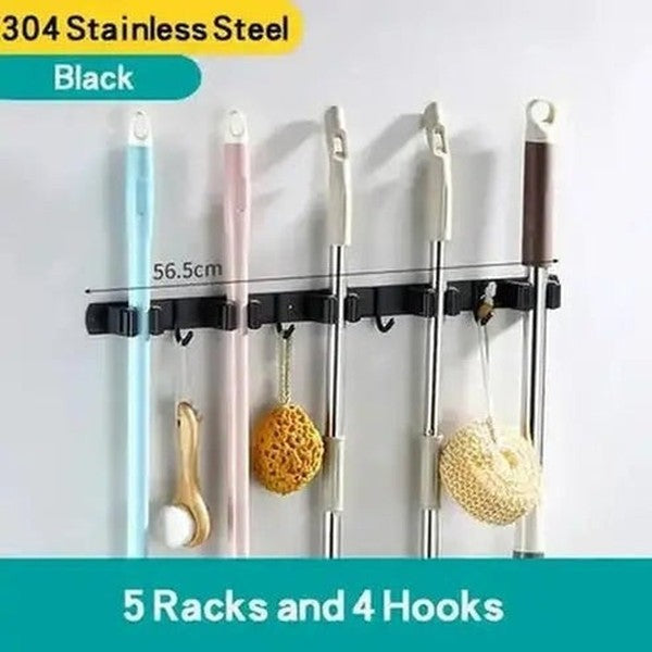 Mop Broom Holder Wall Mount with 5 Racks and 4 Hooks