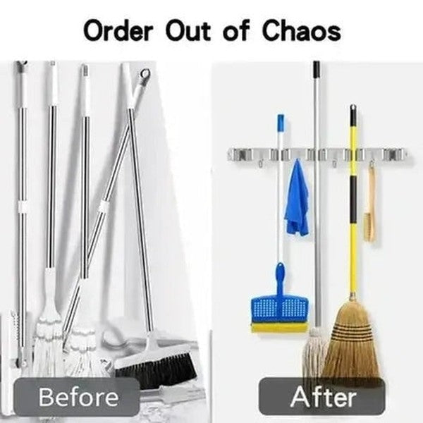 Mop Broom Holder Wall Mount with 5 Racks and 4 Hooks