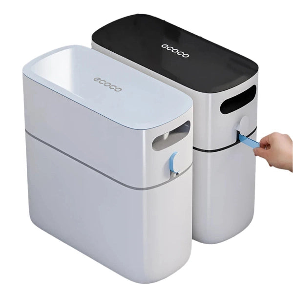 Plastic Narrow Trash Can – Wastebasket with Press-Type Lid for Bathroom