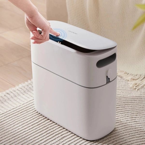 Plastic Narrow Trash Can – Wastebasket with Press-Type Lid for Bathroom