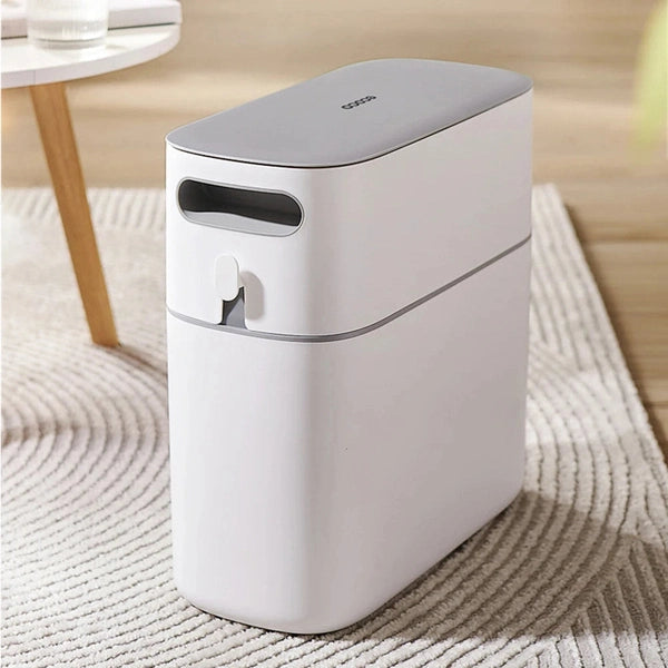 Plastic Narrow Trash Can – Wastebasket with Press-Type Lid for Bathroom