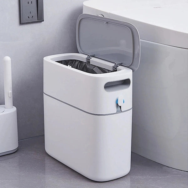 Plastic Narrow Trash Can – Wastebasket with Press-Type Lid for Bathroom