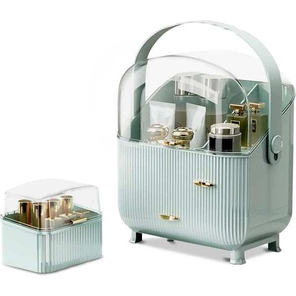 Portable Makeup Organizer with Dustproof Lid, 2 Drawers, Carry Handle, and 180° Rotatable Design