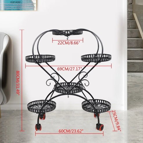 Stand with 6 Heart-Shaped Black Metal Plant Pots and Wheels