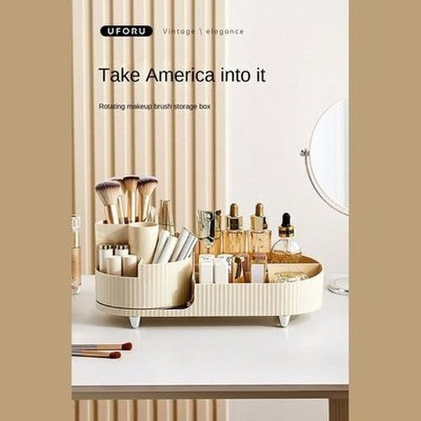 Two Layers Rotating Desktop Makeup Storage Holder Large Capacity Cosmetic Organizer Tray Lipstick Eyeshadow. Color: Beige. Type: Household Storage Containers.