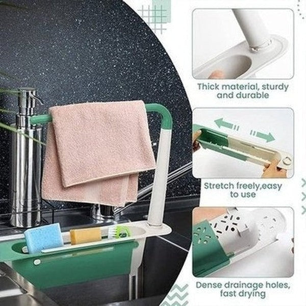 Large Capacity Adjustable Telescopic Kitchen Storage Sponge Rack with Drainage Holes, Organizer Cleaning Utensils Like Dish Soap, Scouring Pad, Cutlery.