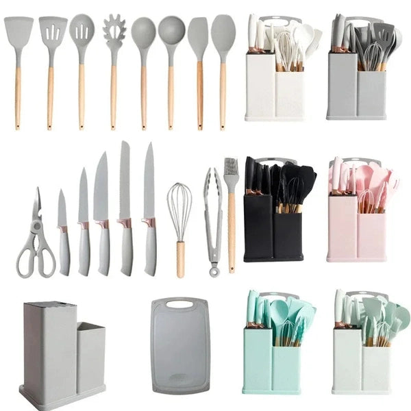 19-Piece Silicone Kitchenware Set with Wooden Handles