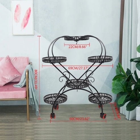 Stand with 6 Heart-Shaped Black Metal Plant Pots and Wheels