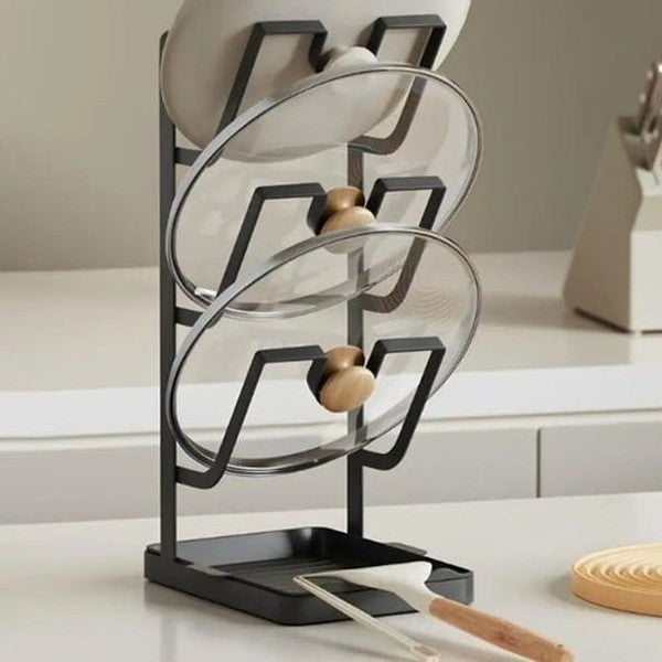 Kitchen Pot Lid Rack | 3-Tier Holder with Drain Tray | Cabinet Organizer