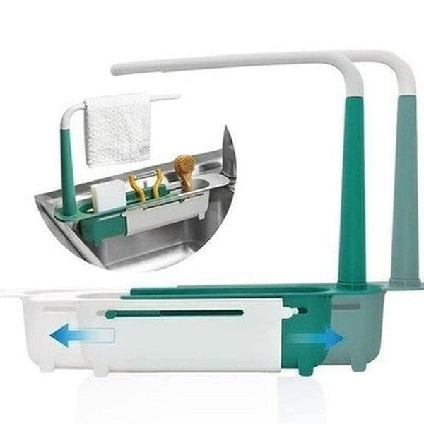 Large Capacity Adjustable Telescopic Kitchen Storage Sponge Rack with Drainage Holes, Organizer Cleaning Utensils Like Dish Soap, Scouring Pad, Cutlery.