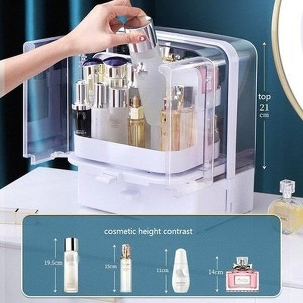 rotary design makeup organizer container storage box for cosmetics jewelry with clear dustproof lid, top handle for carrying, drawers. type: household storage containers.