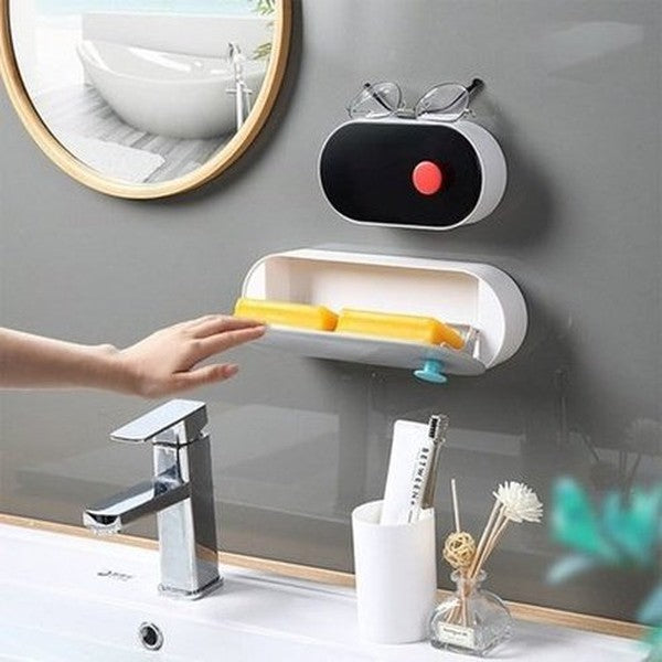 Wall Mounted Holder Punch Free Dorm Bathroom Washroom Cleaning Brush Draining Rack Dish Organizer Case Gray Long Style. Bathroom Accessories: Soap Dishes and Holders.