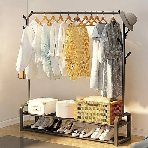 Modern Metal Coat Rack with Shoe Storage | Multifunctional Entryway Organizer for Clothes & Accessories